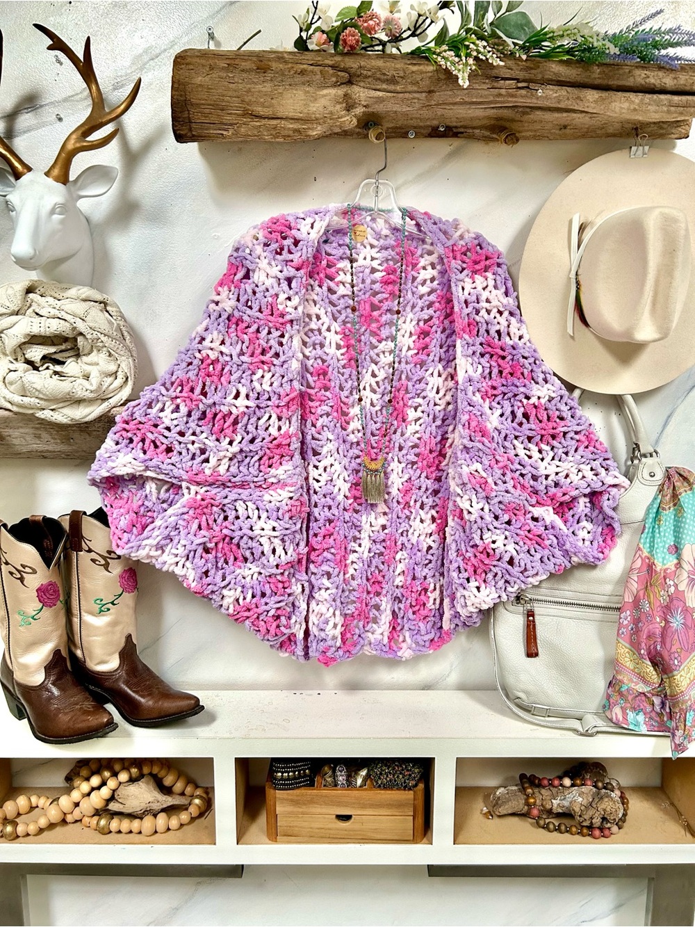 Artisan Lavender & Pink Crochet Women's Sweater Shrug kimono Wrap